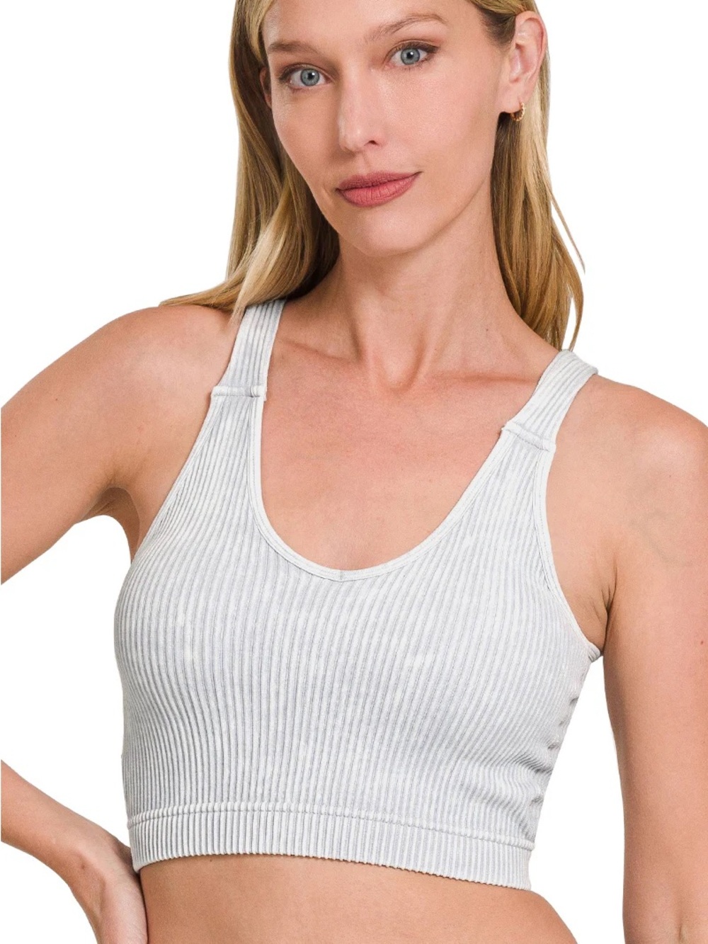 Zenana Light Grey Gray Ribbed Striped Crop Tank Top Brami size S/M New - Picture 1 of 3